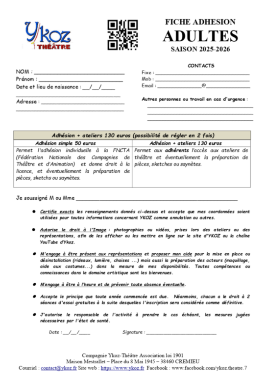 Fiche d'adhésion adultes