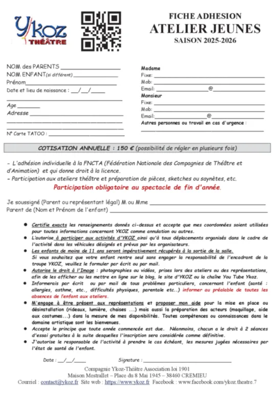 Fiche d'adhésion adultes